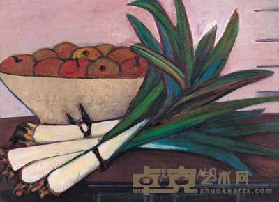 贺慕群 1996年作 大白葱和苹果　 73×100cm